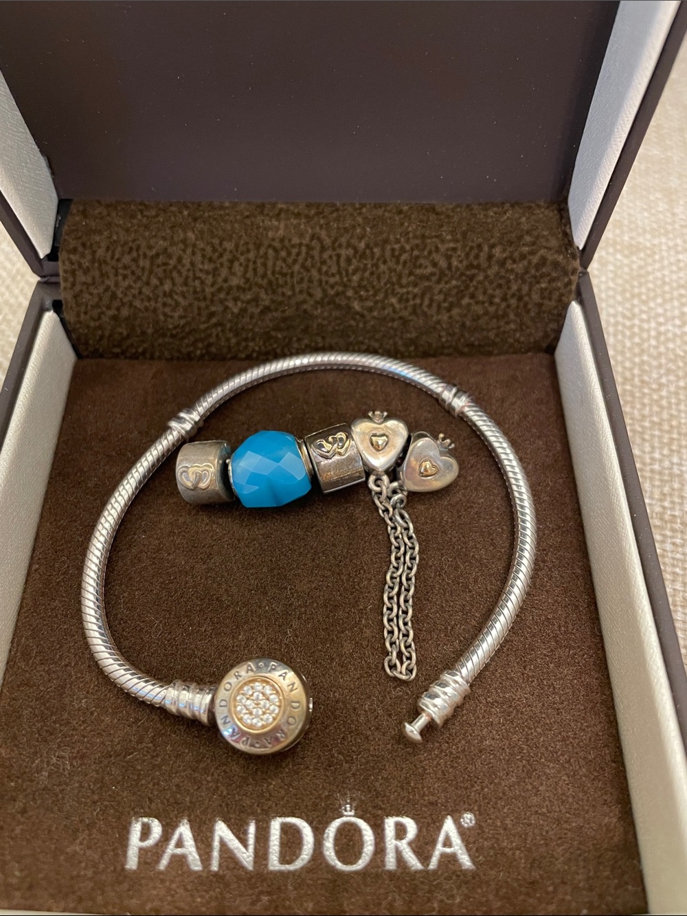 Pandora Silver Bracelet with Blue Faceted Charm and Heart Charms